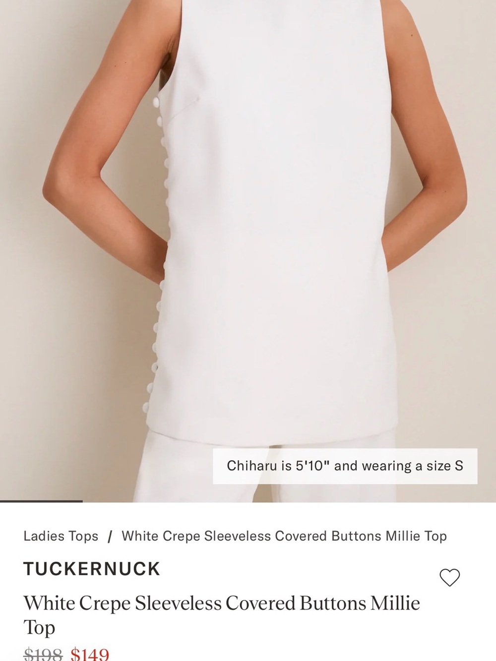 Tuckernuck White Crepe Sleeveless Top with Side Covered Buttons